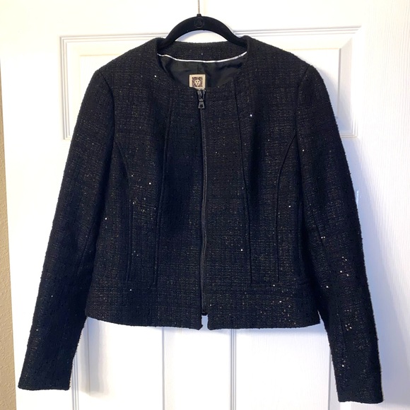 Annie Klein Black Sequin Tweed Zippered Jacket Size 8 - Picture 3 of 7